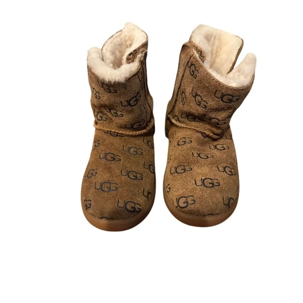UGG Kids‎ All-Over Logo Print Sherpa Lined Winter Boots Brown Size 11